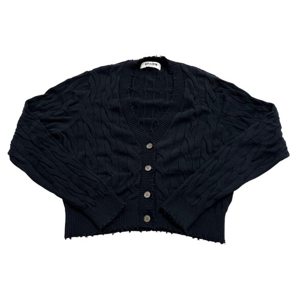 Blue&Cream Distressed Cable Cropped Cardigan in Black Stone Washed - Picture 1 of 5
